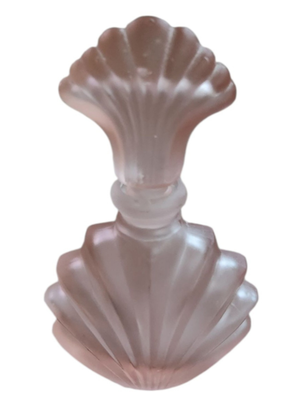 Vintage Pink Frosted Satin Glass Perfume Bottle Art Deco With Fan Stopper Vanity